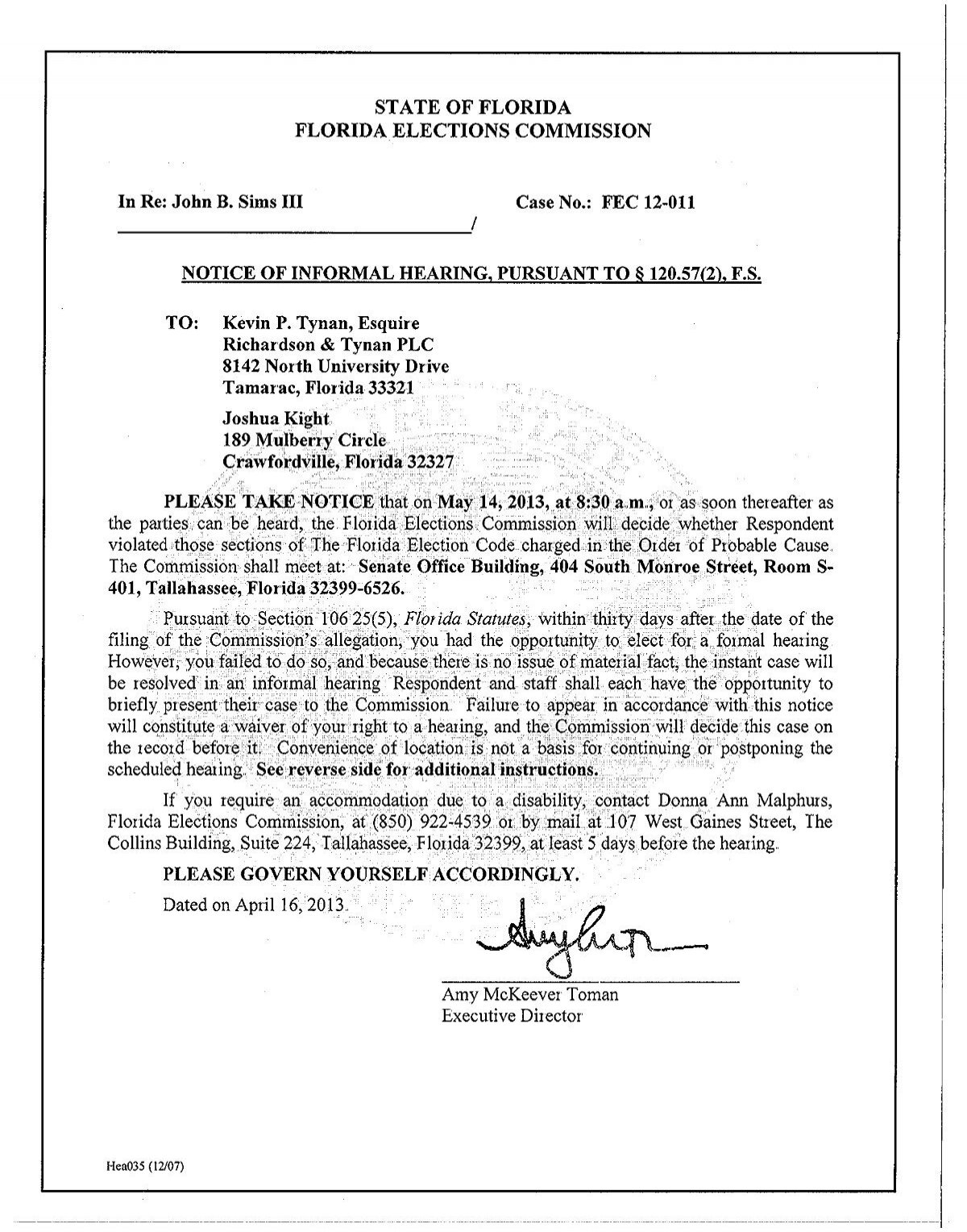 FEC 12 011 John B Sims III Florida Elections Commission