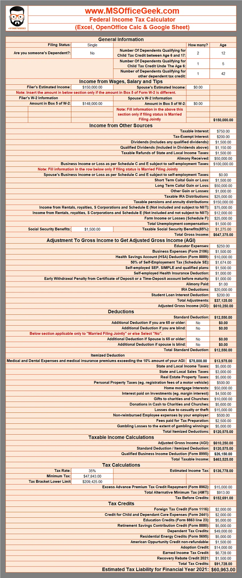 Federal Income Tax Calculator 2024 MSOfficeGeek Federal Income Tax Calculator 2024 MSOfficeGeek