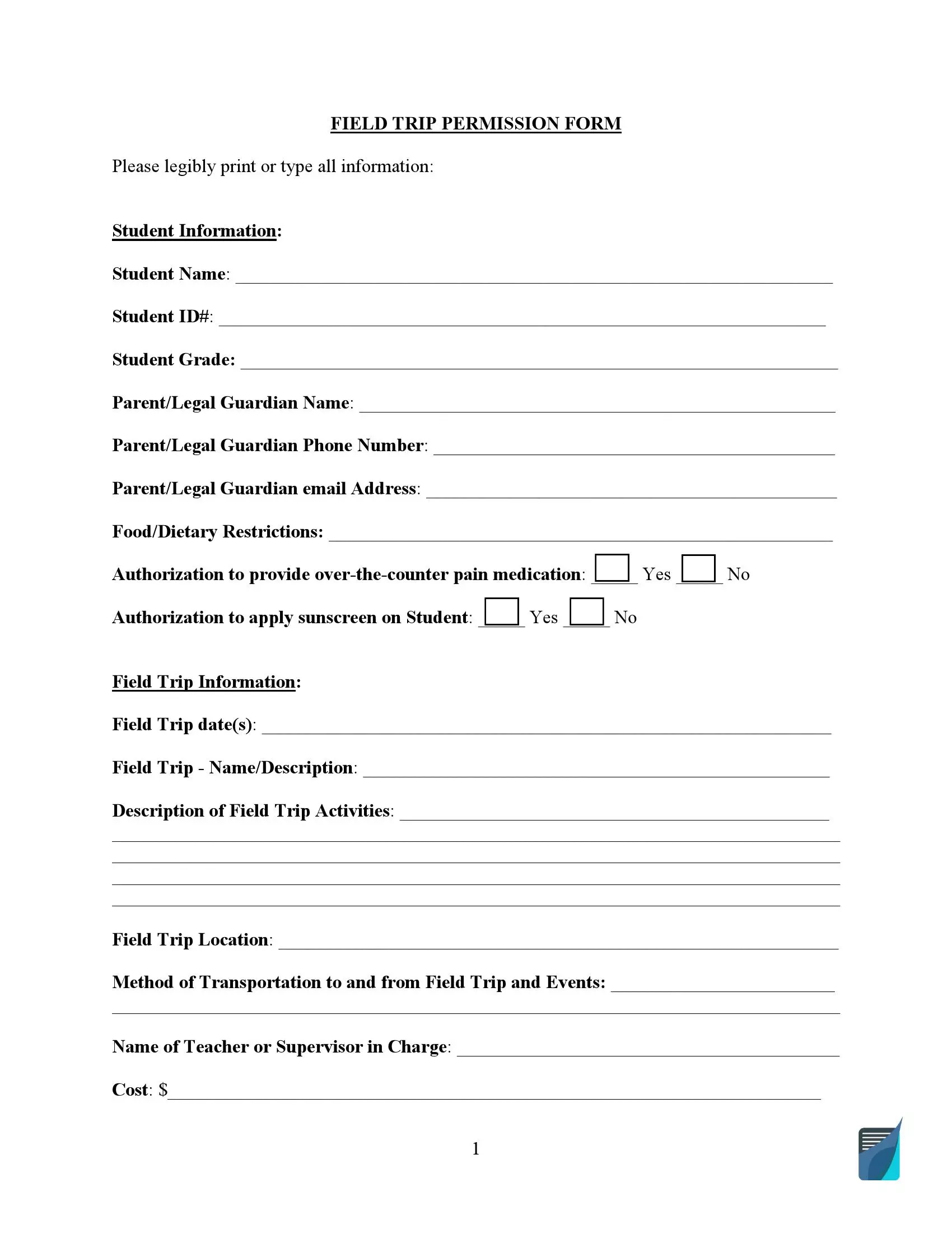 Field Trip Permission Slip Form Fillable And Printable Template Field Trip Permission Slip Form Fillable And Printable Template