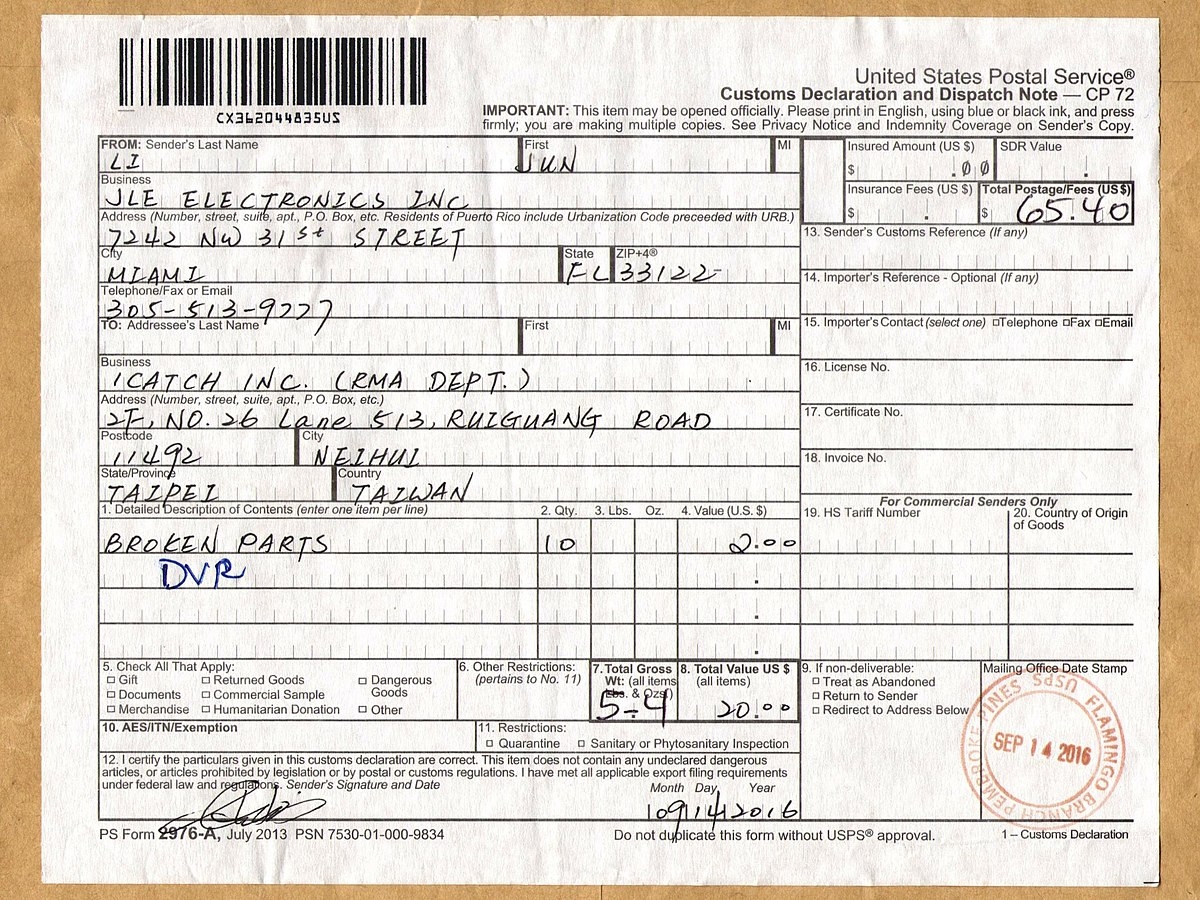 File USPS Form 2976 A From JLE Electronics To ICatch Inc 20160914 jpg Wikimedia Commons