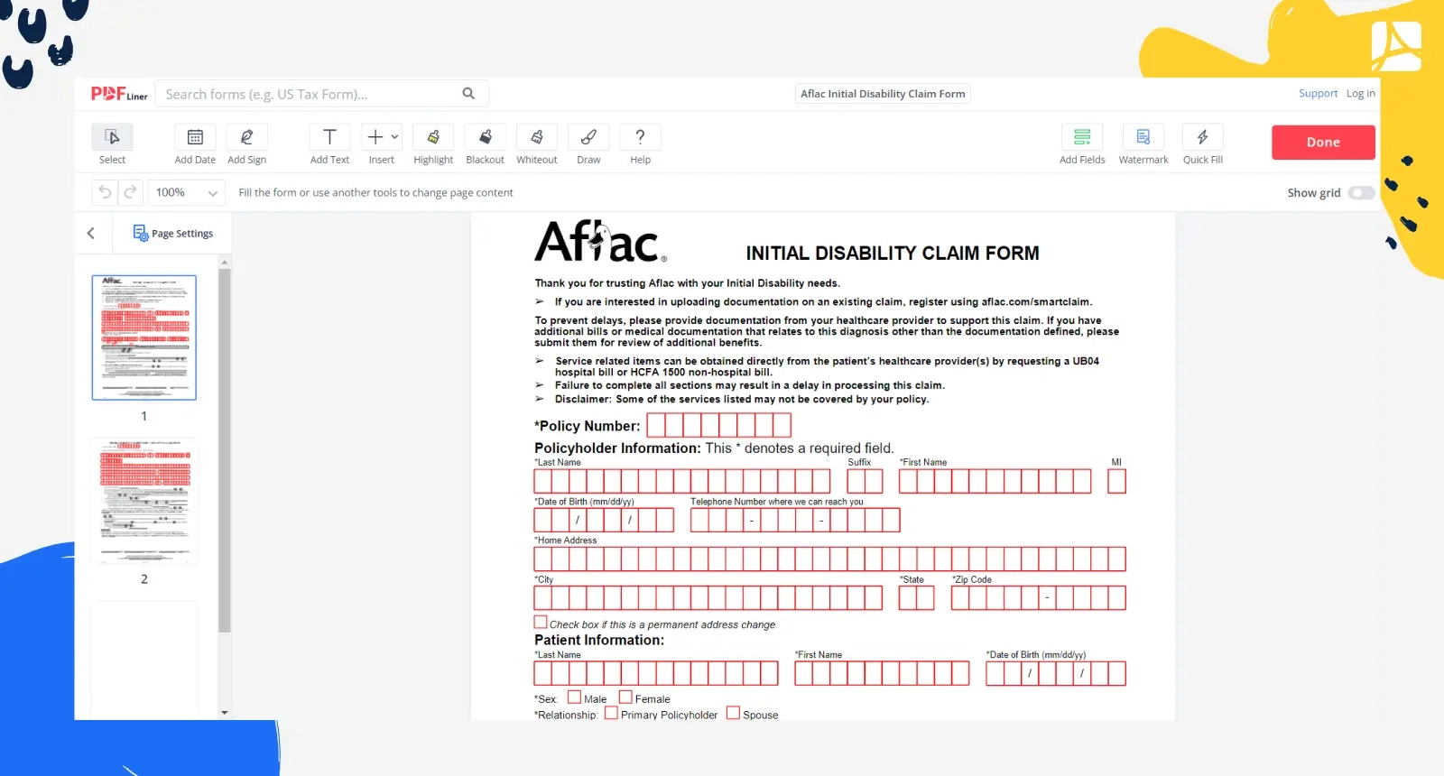 Fillable Aflac Initial Disability Claim Form PDFLiner Fillable Aflac Initial Disability Claim Form PDFLiner