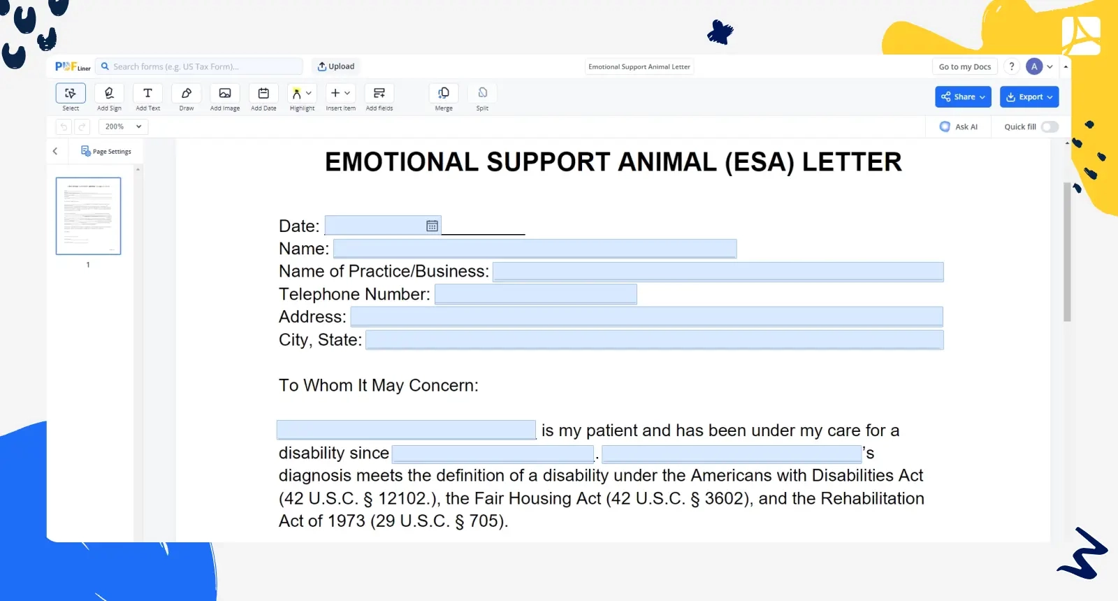 Fillable Emotional Support Animal Letter PDFliner