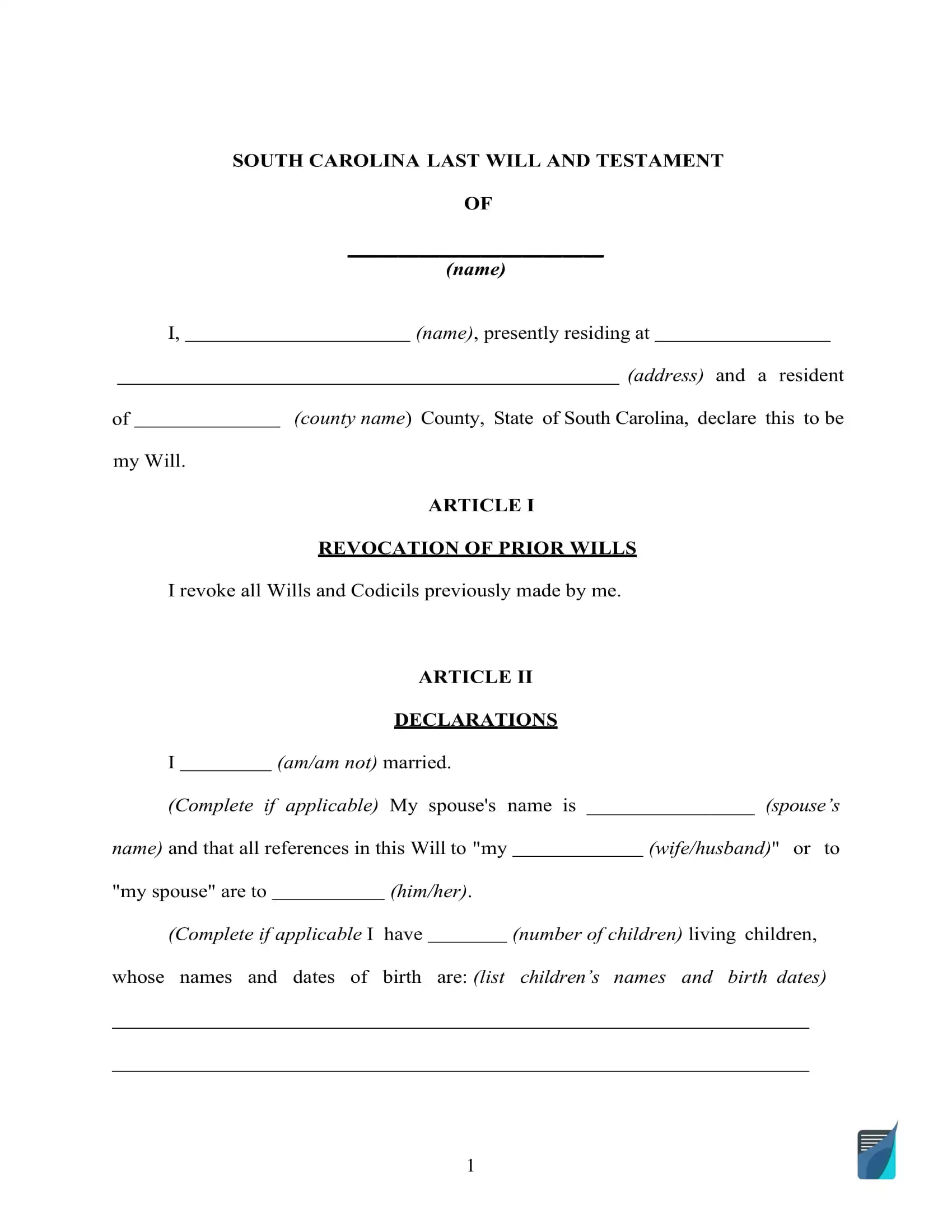 Fillable South Carolina Last Will And Testament Form FREE FormsPal