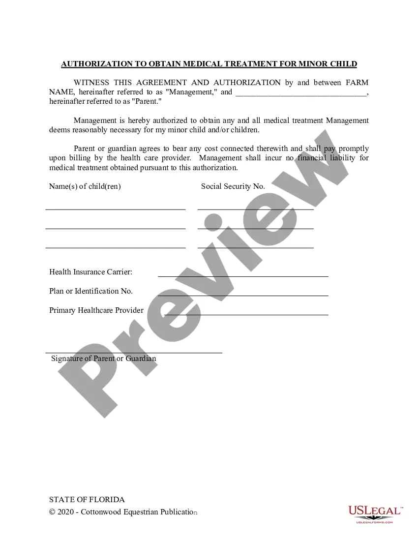 Florida Authorization To Obtain Medical Treatment For Minor Child Child Care Authorization Form US Legal Forms