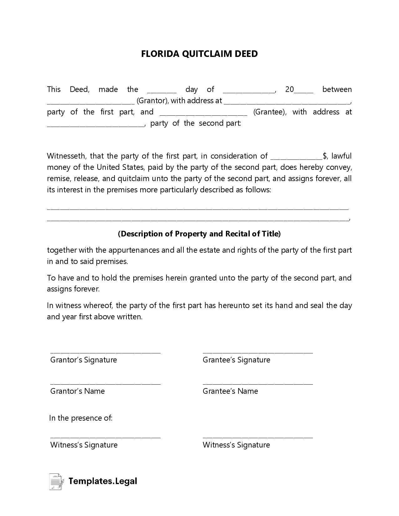 Quit Claim Deed Form Florida Printable
