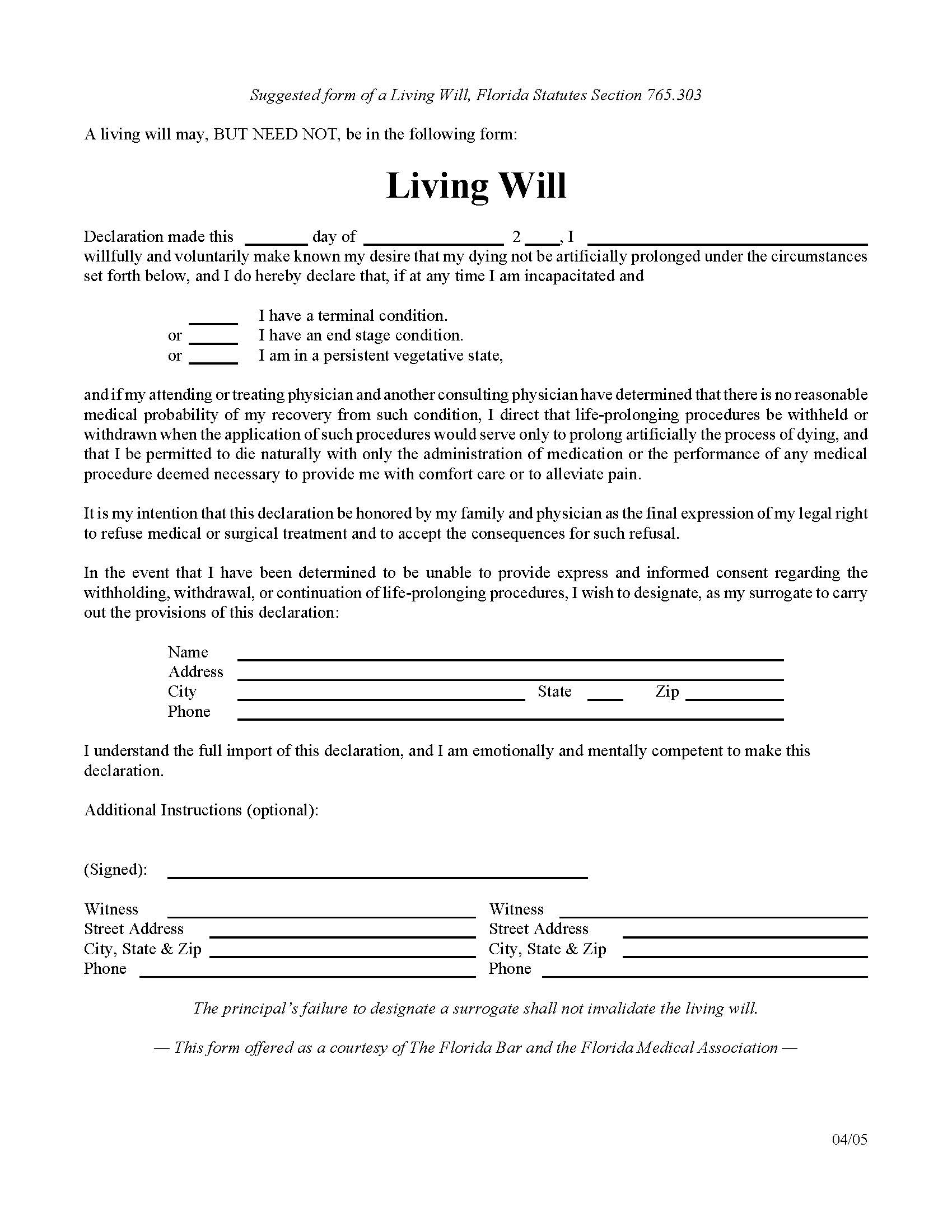 Florida Living Will Form Will Forms Will Forms