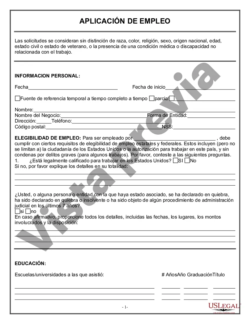 Printable Spanish Job Application Form