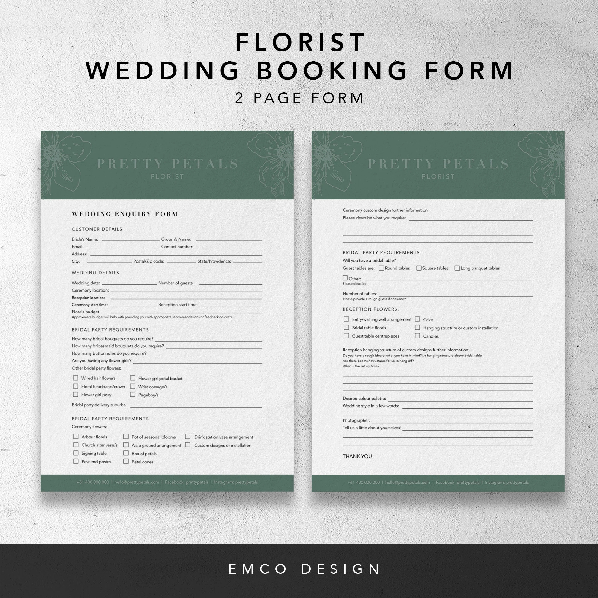 Florist Wedding Booking Form Florist Order Forms Wedding Order Forms Florist Templates Inquiry Form Etsy