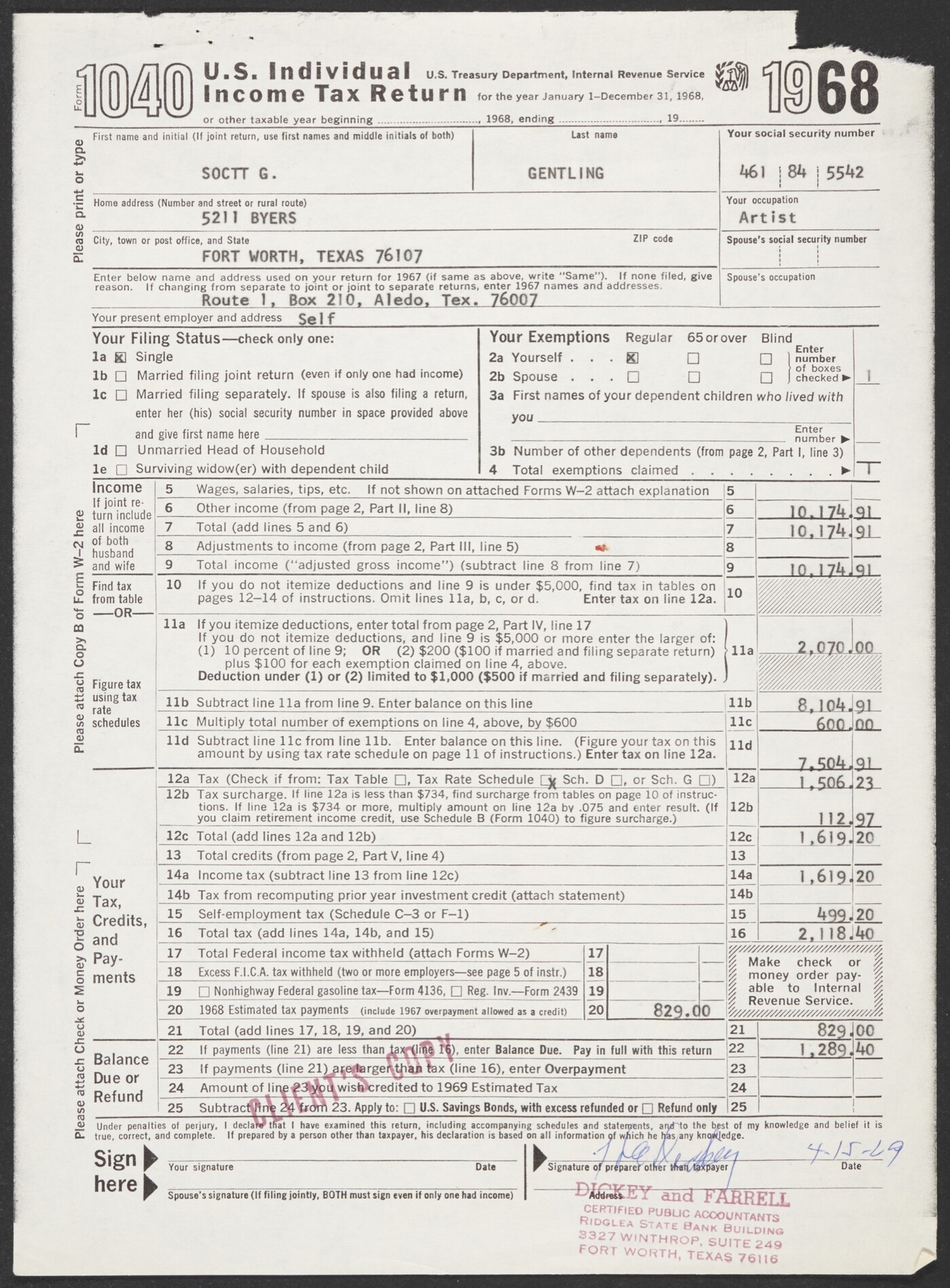 Form 1040 U S Individual Income Tax Return For Scott Gentling April 15 1969 Amon Carter Museum Of American Art