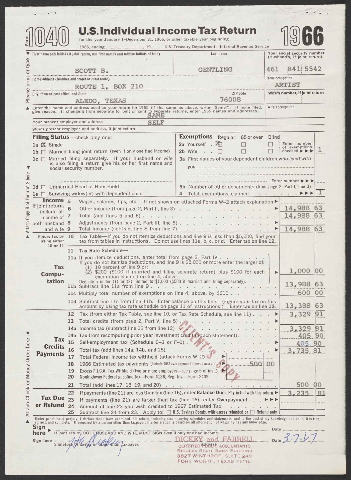 Form 1040 U S Individual Income Tax Return For Scott Gentling March 7 1967 Amon Carter Museum Of American Art