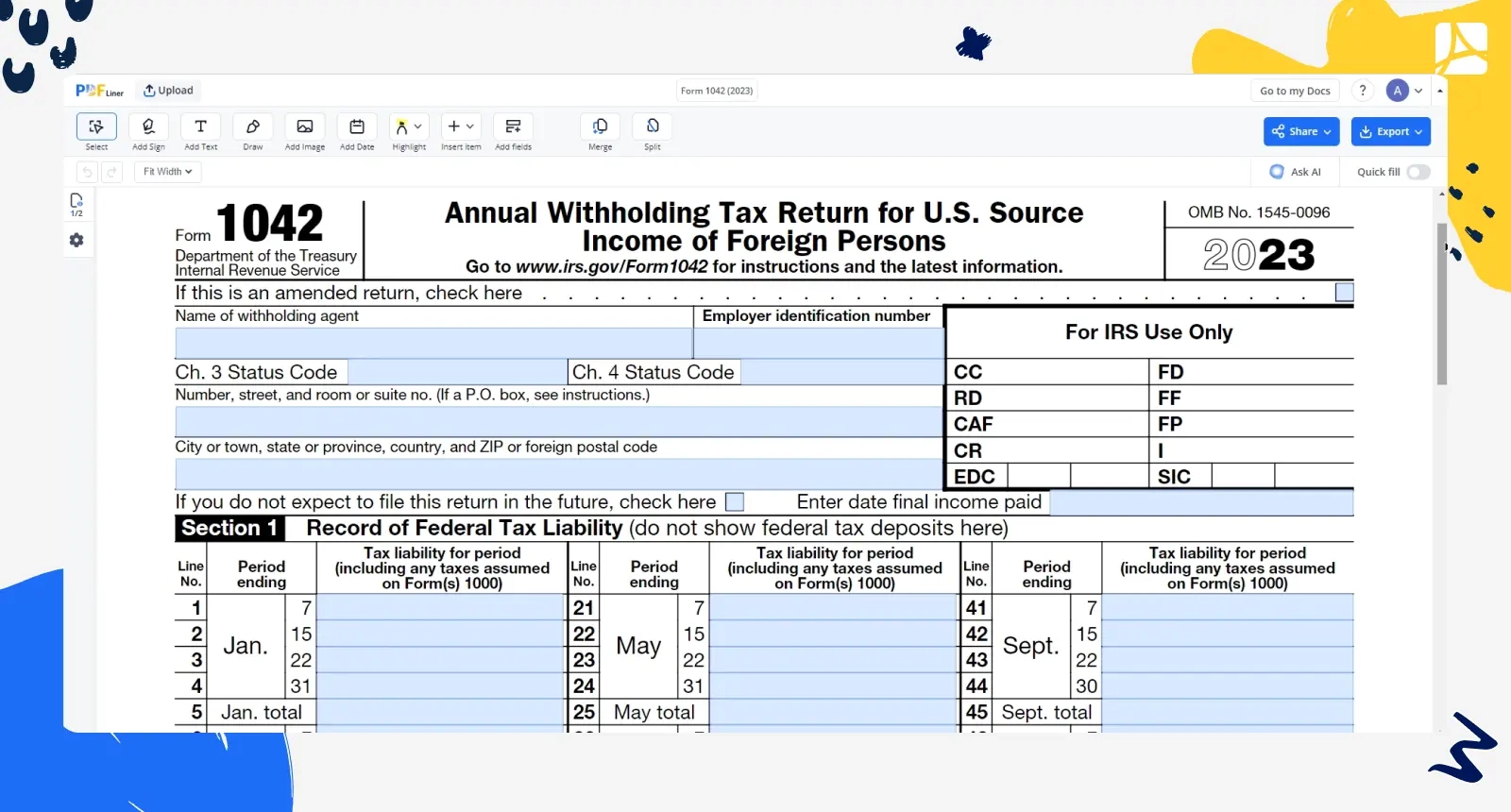 Form 1042 Printable Form 1042 Blank Sign Forms Online PDFliner
