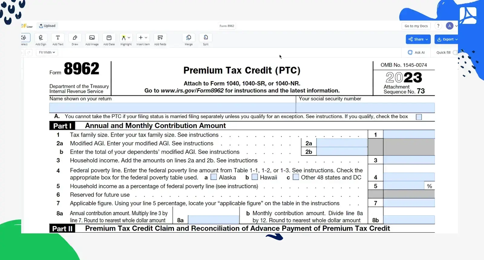 Form 8962 2023 Fillable Printable 8962 Form PDFliner Form 8962 2023 Fillable Printable 8962 Form PDFliner
