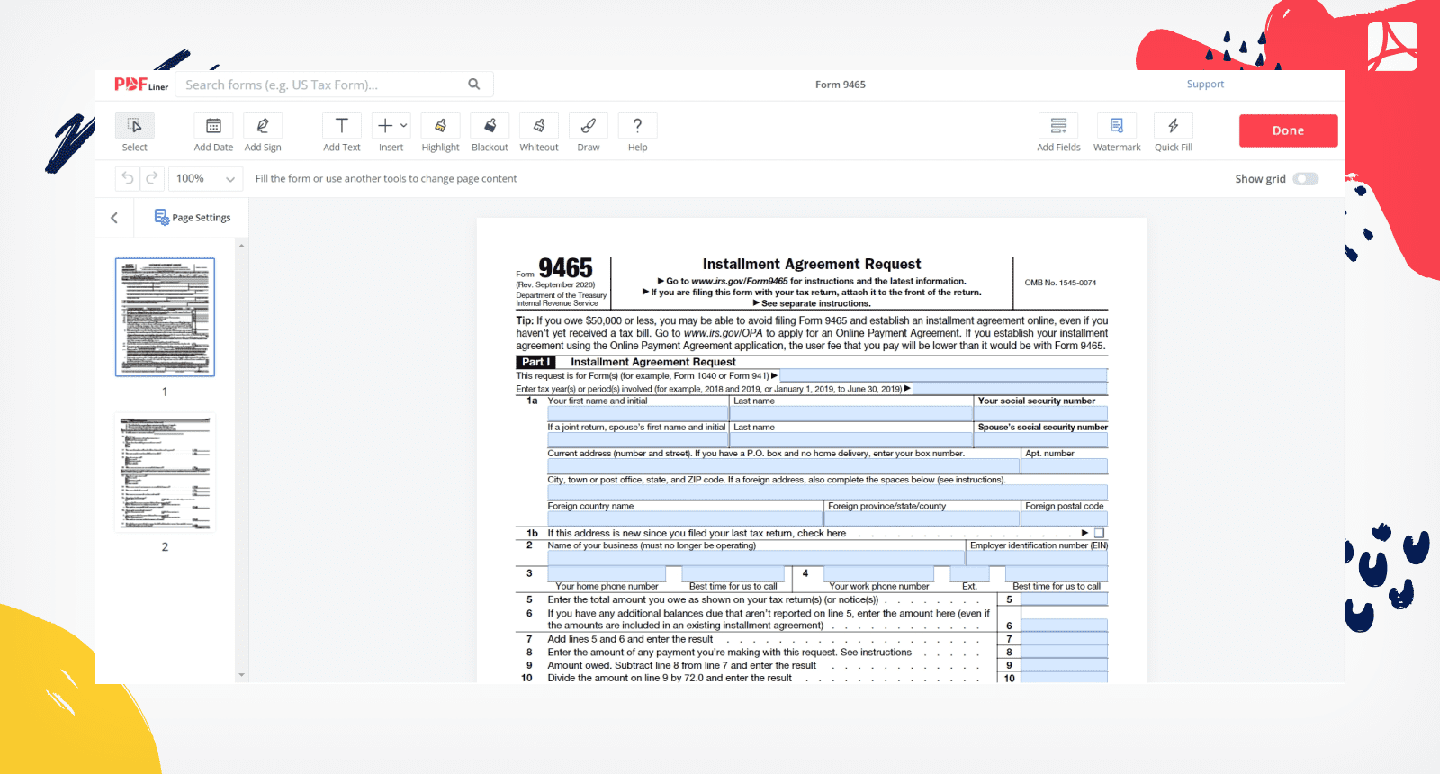 Form 9465 Installment Agreement Request PDFliner Form 9465 Installment Agreement Request PDFliner