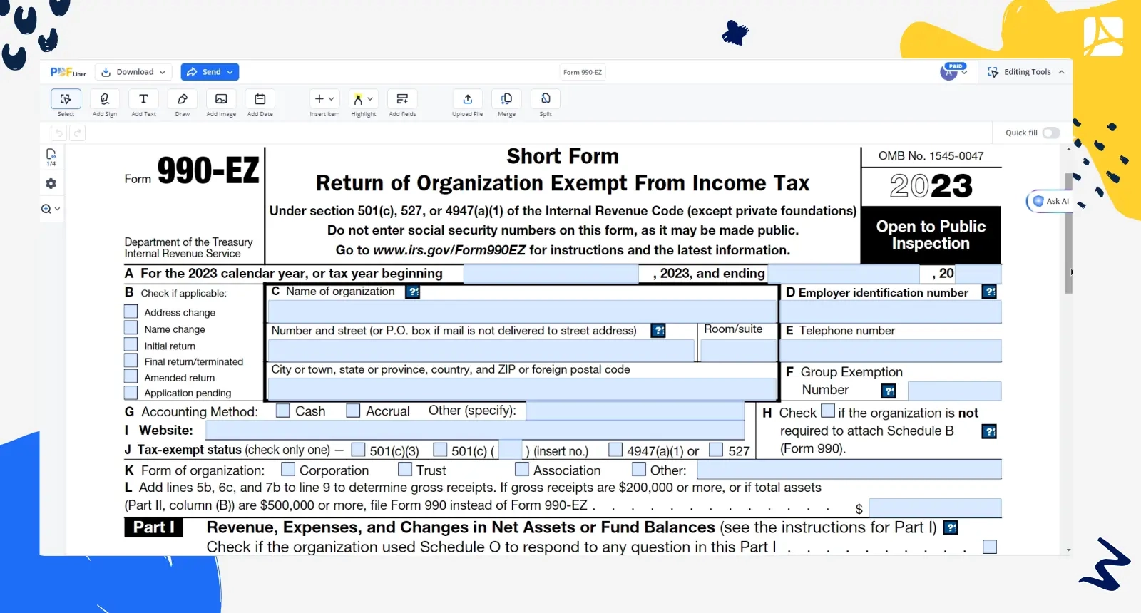 Form 990 EZ Print And Sign Form 990 EZ Online PDFliner