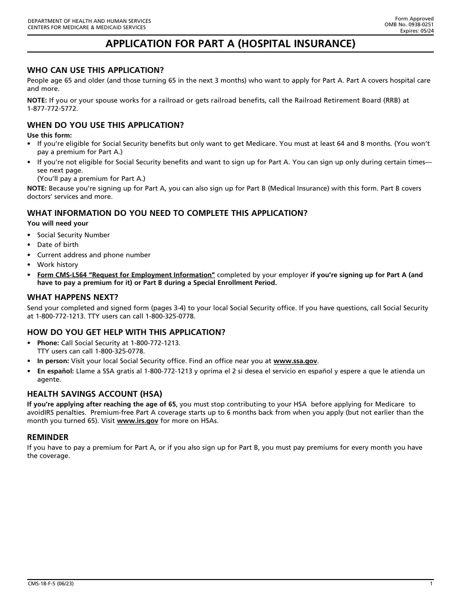 Form CMS 18 F 5 Download Fillable PDF Or Fill Online Application For Part A Hospital Insurance Templateroller
