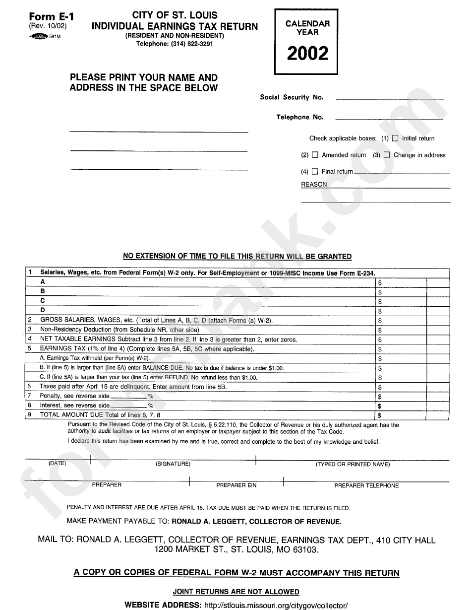 Form E 1 Individual Earnings Tax Return City Of St Louis 2002 Printable Pdf Download