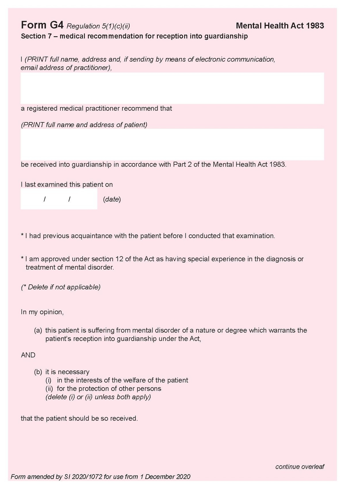 Form G4 Section 7 Medical Recommendation For Reception Into Guardianship Mental Health Law Online Form G4 Section 7 Medical Recommendation For Reception Into Guardianship Mental Health Law Online