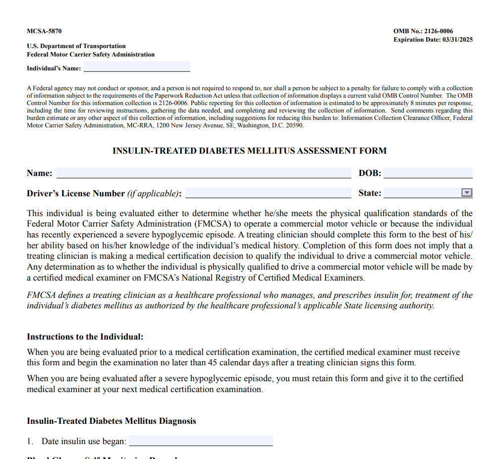 Form MCSA 5870 Insulin Treated Diabetes Mellitus Assessment Forms Docs 2023