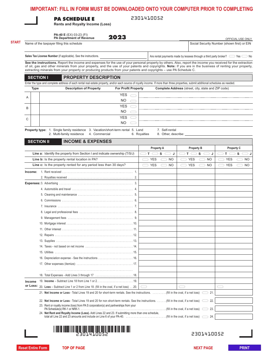 Form PA 40 Schedule E Download Fillable PDF Or Fill Online Rents And Royalty Income Loss 2023 Pennsylvania 2018 2025 Templateroller