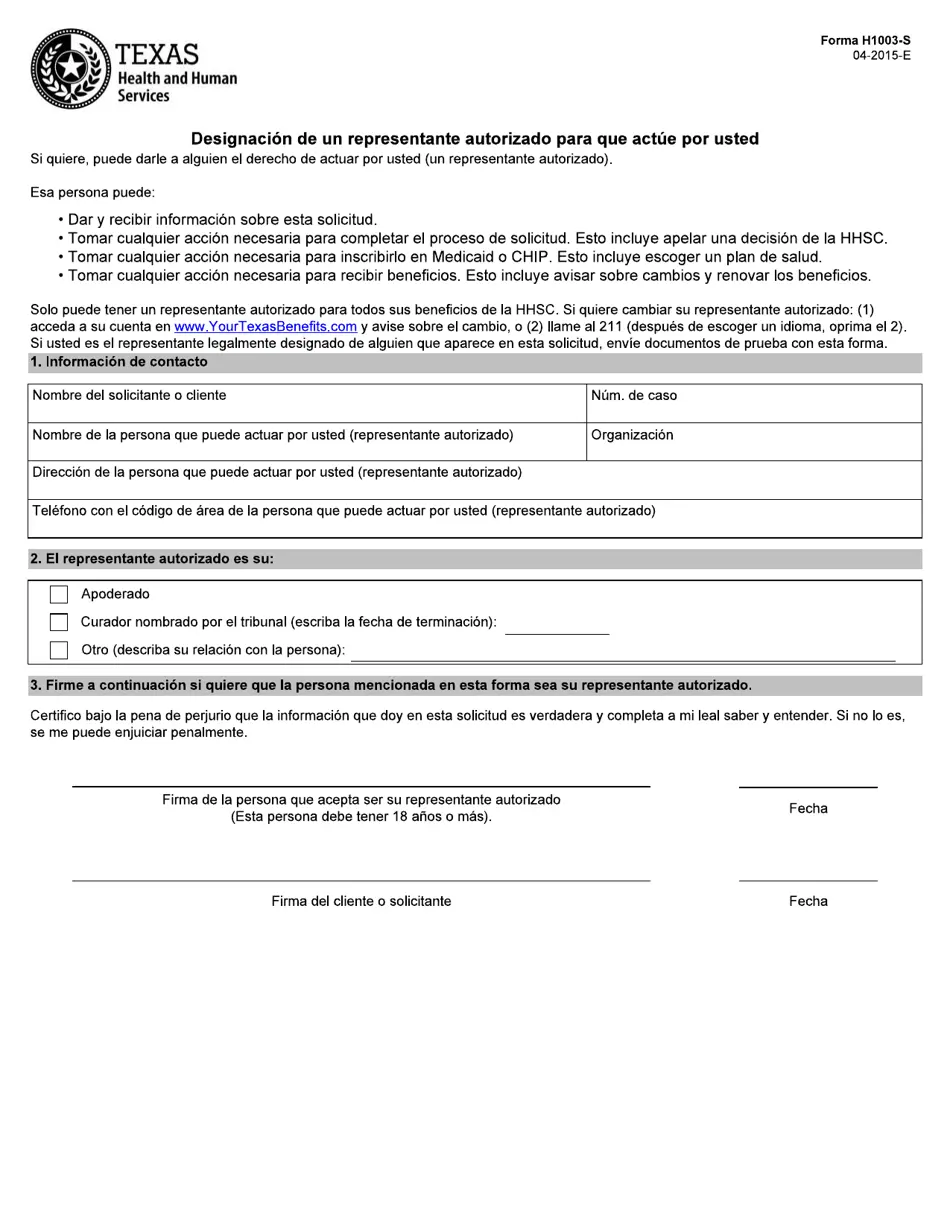 Formulario H1003 S Fill Out Sign Online And Download Fillable PDF Texas Spanish Templateroller