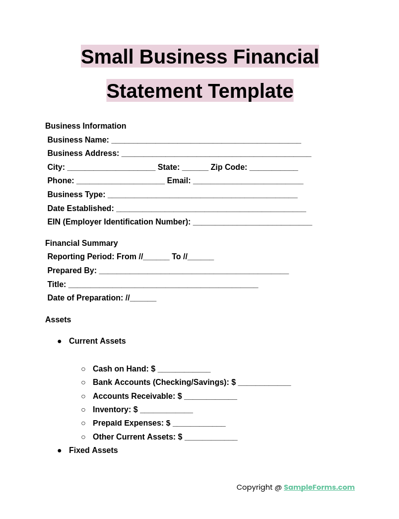 Printable Business Financial Statement Form Printable Business Financial Statement Form