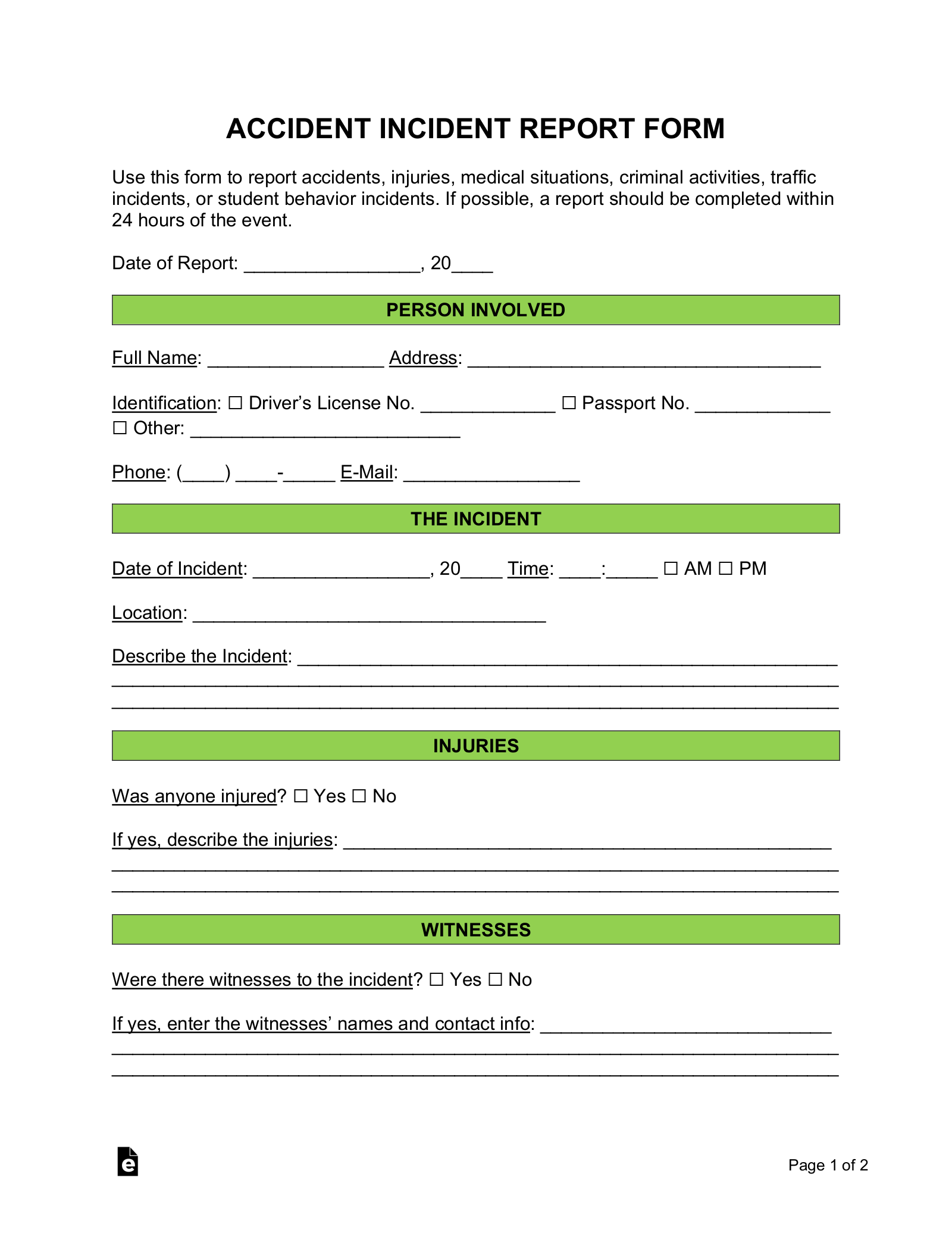 Free Accident Incident Report Form PDF Word EForms Free Accident Incident Report Form PDF Word EForms