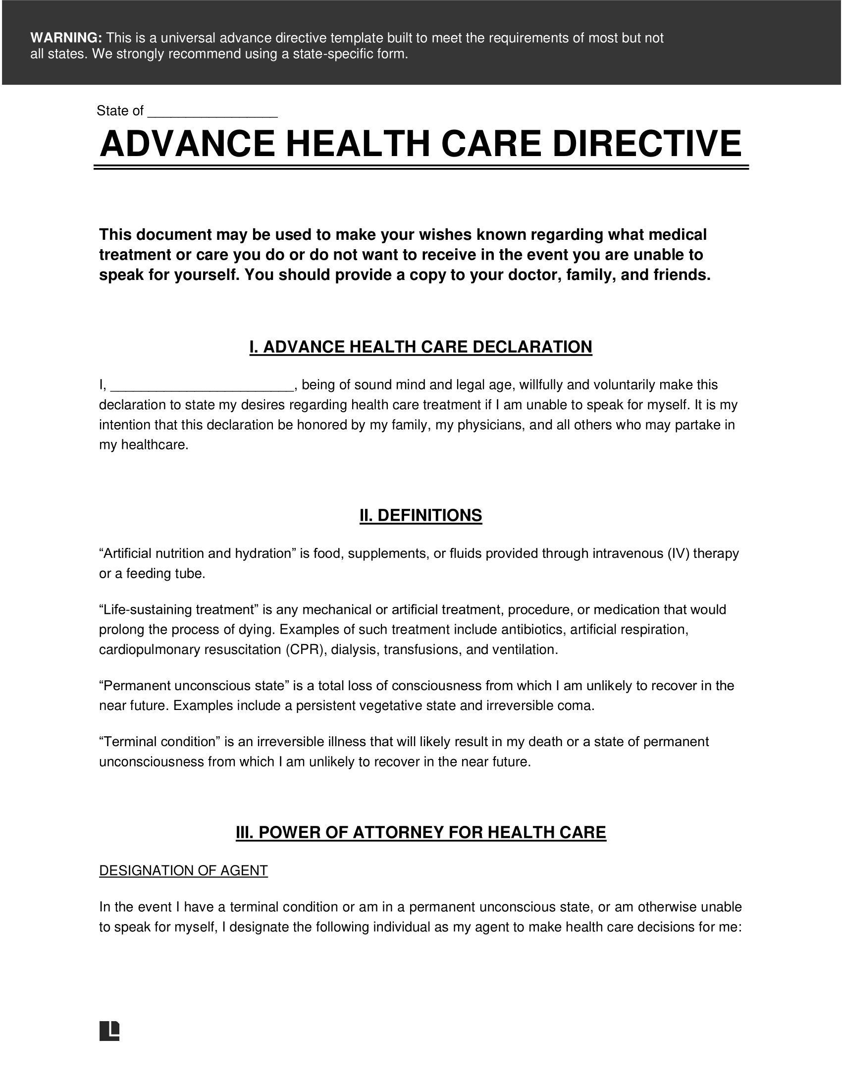 Free Advance Directive Form Living Will MPOA PDF Word
