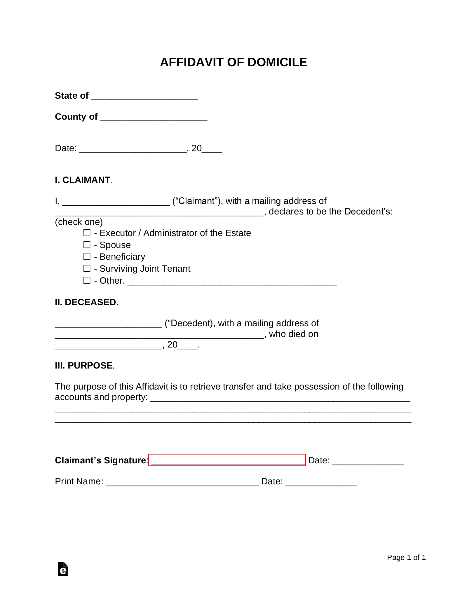 Free Affidavit Of Domicile Form PDF Word EForms