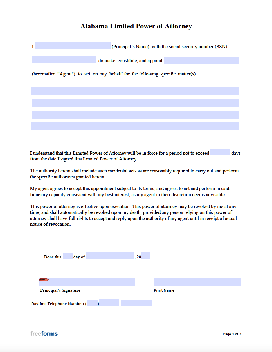 Printable Power Of Attorney Form Alabama