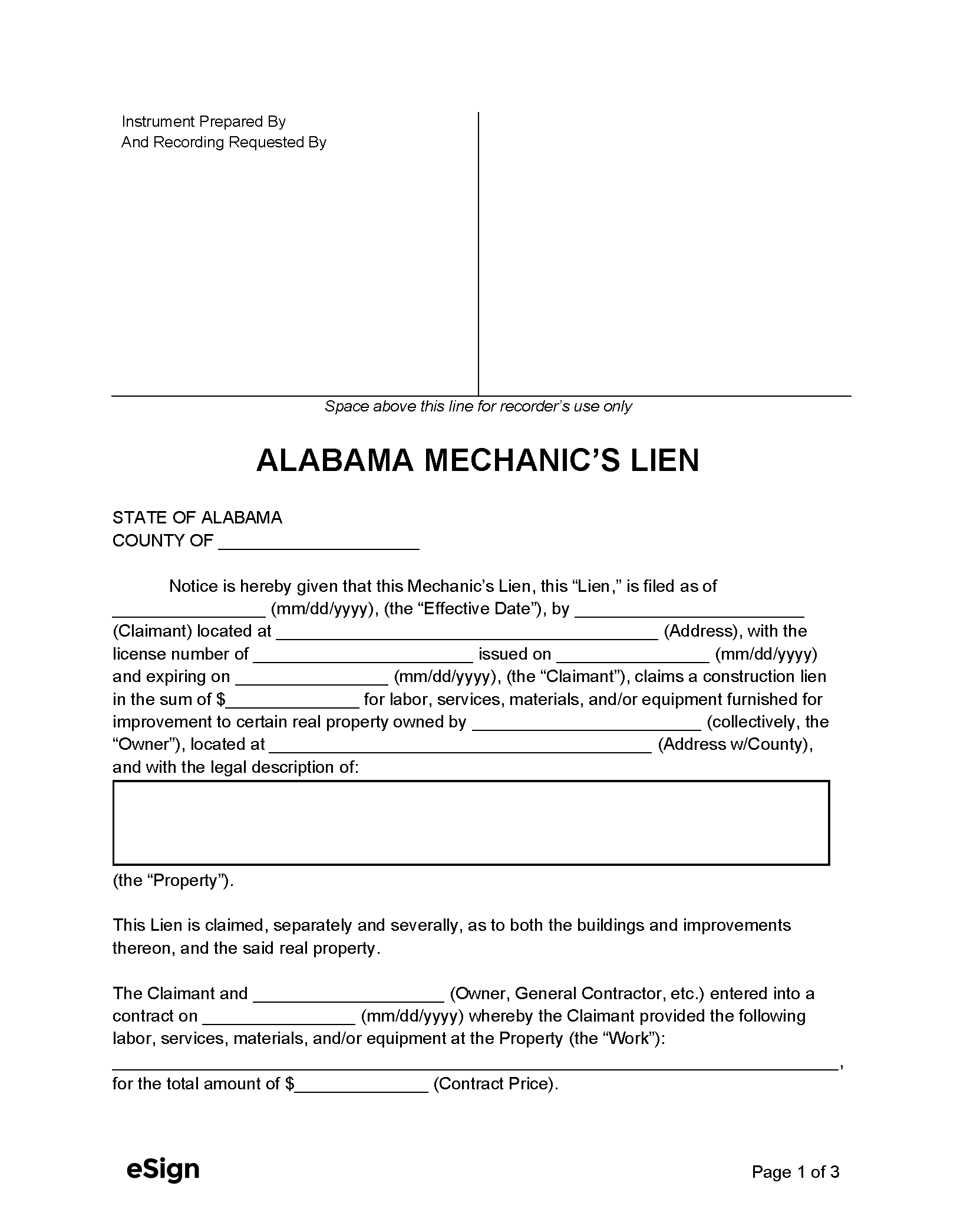 Free Alabama Mechanic s Lien Form PDF Word