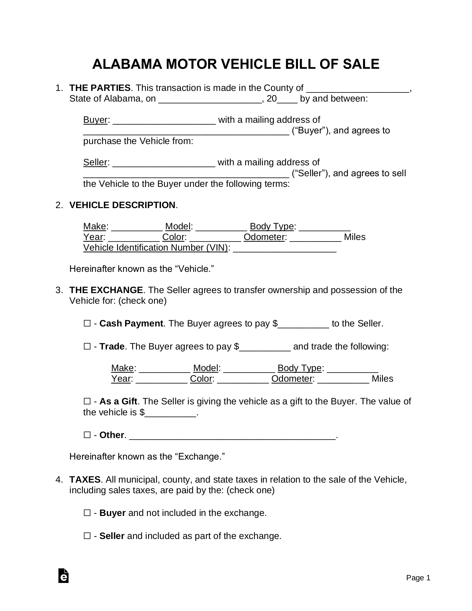 Free Alabama Vehicle Bill Of Sale Form PDF Word EForms Free Alabama Vehicle Bill Of Sale Form PDF Word EForms