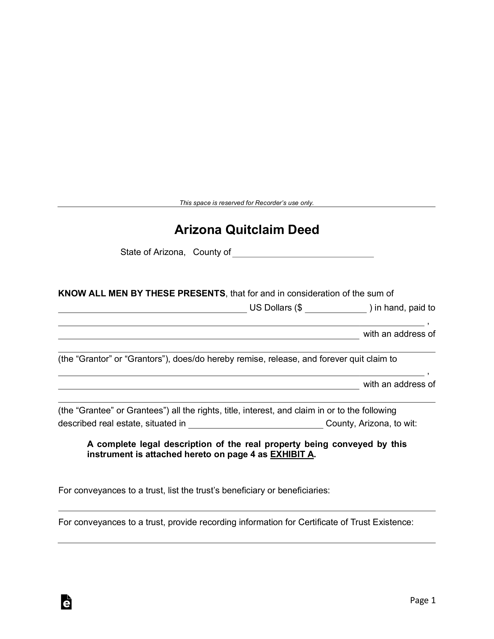 Free Arizona Quit Claim Deed Form PDF Word EForms