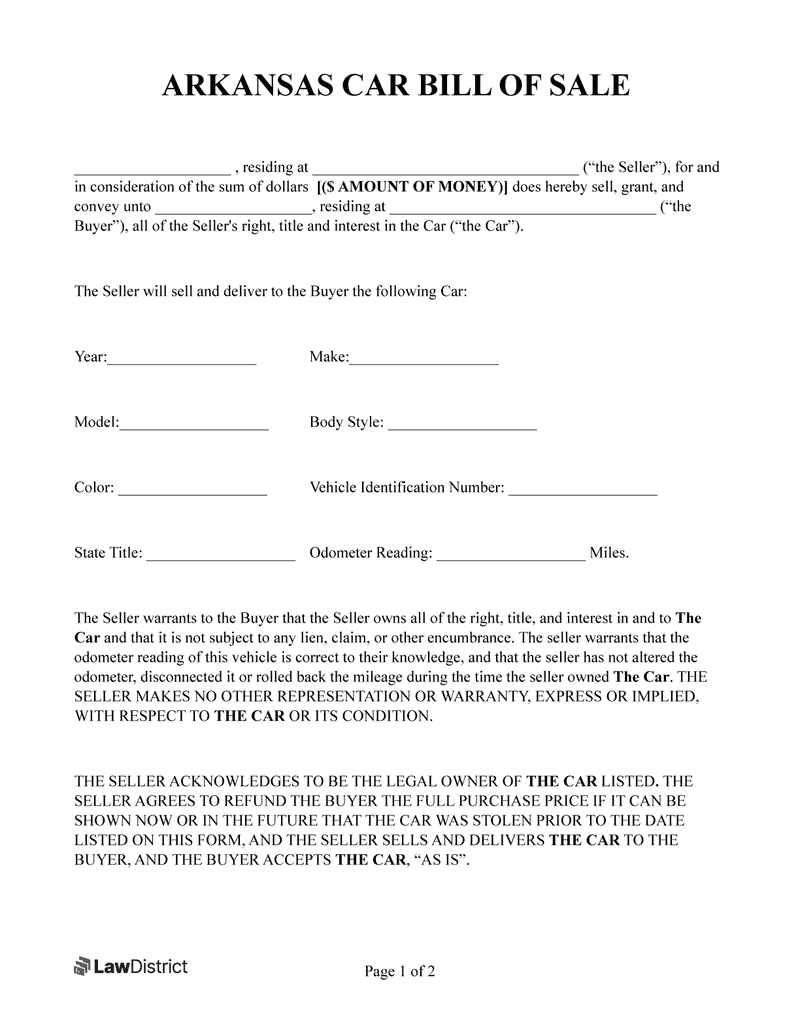 Free Arkansas Bill Of Sale PDF Word LawDistrict Free Arkansas Bill Of Sale PDF Word LawDistrict