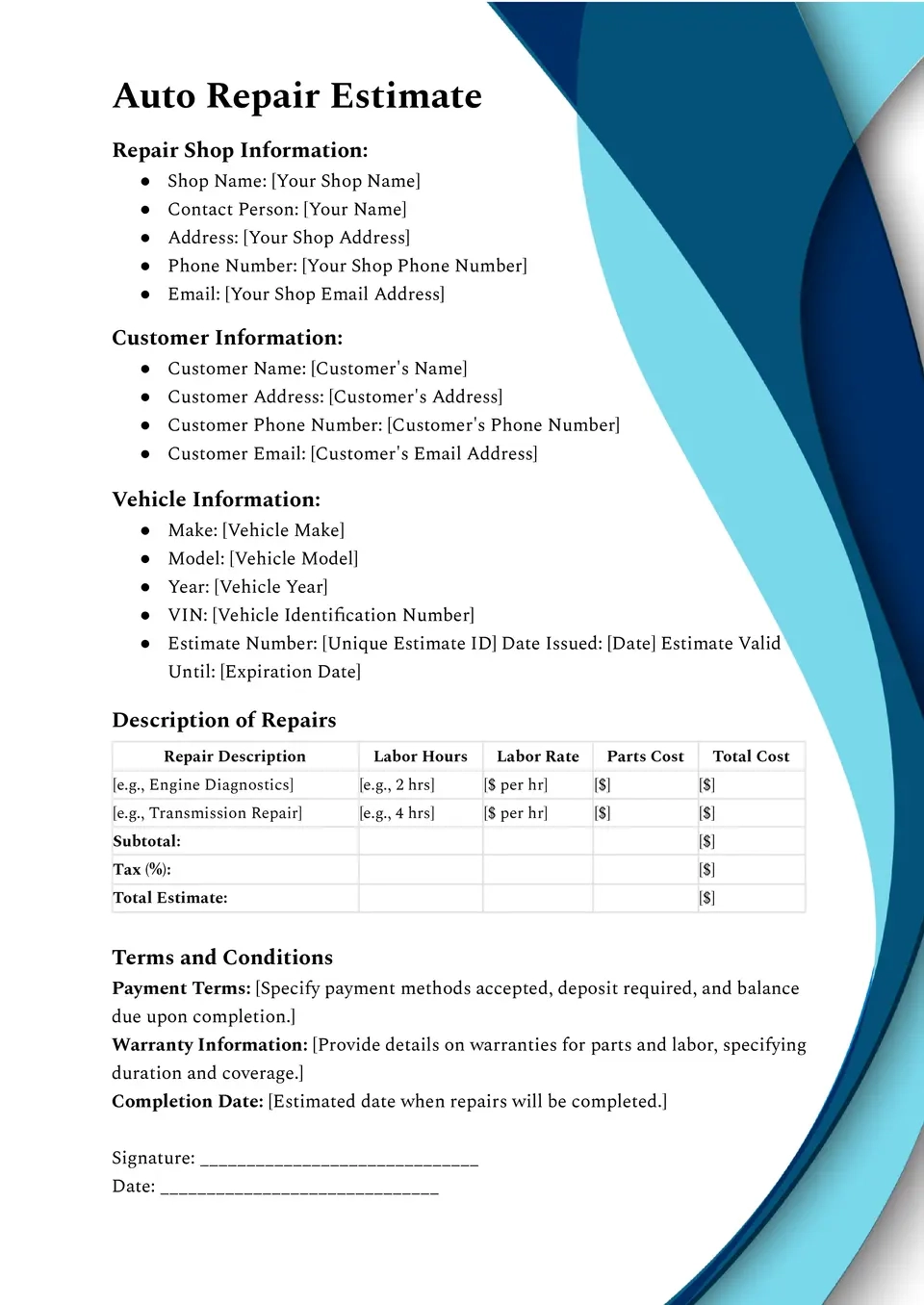 Free Auto Repair Estimate Template For Google Docs