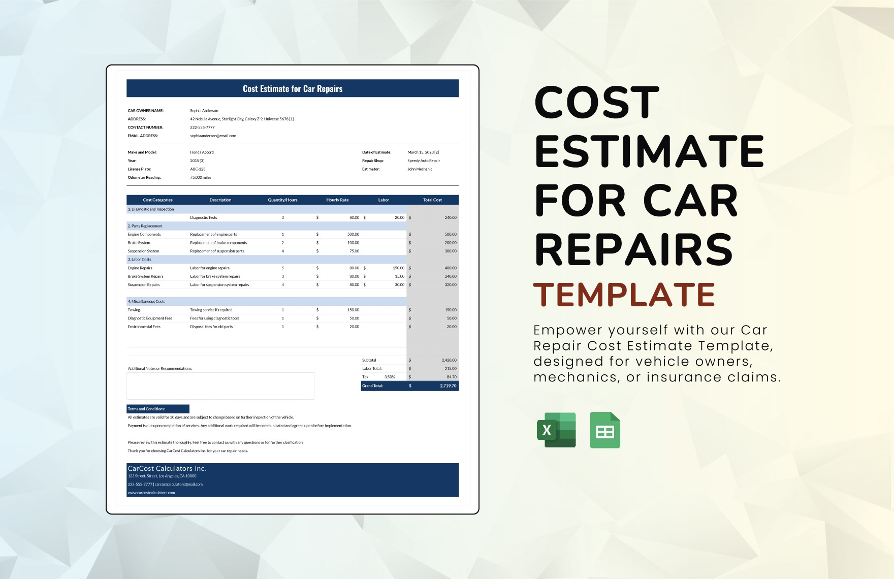 Free Auto Repair Estimate Templates Editable And Printable