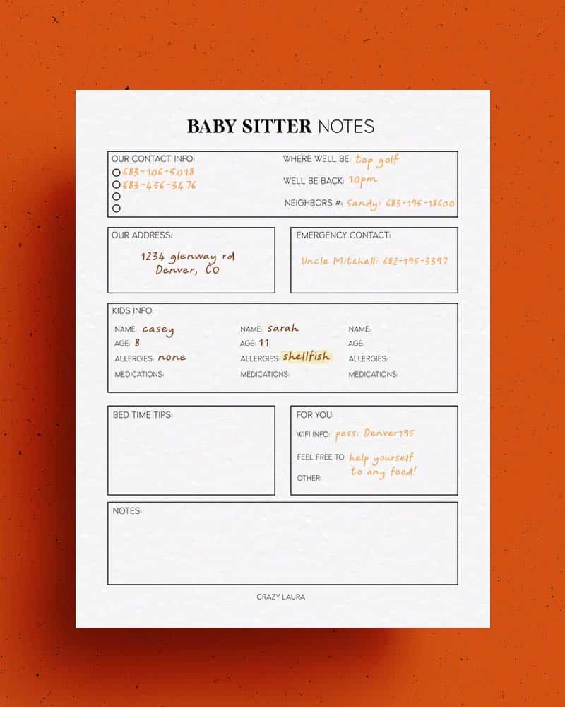 Free Babysitter Printable U0026 Emergency Contact Pages Crazy Laura