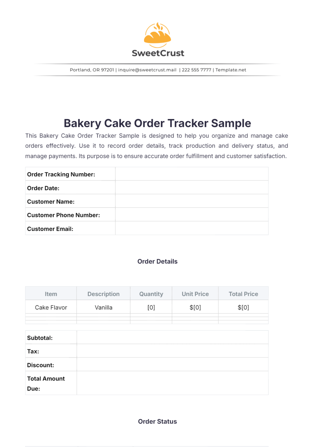 Free Bakery Cake Order Tracker Sample Template To Edit Online