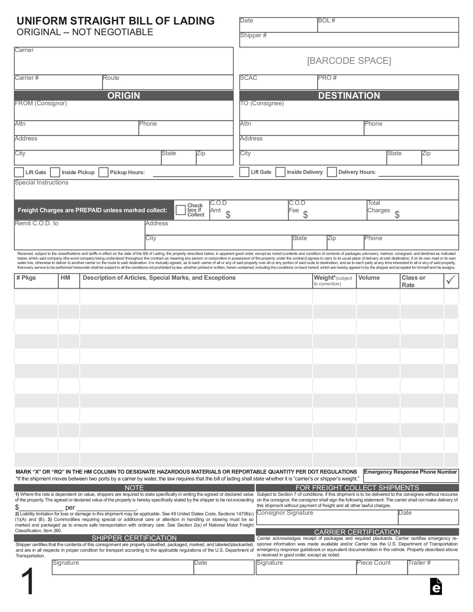 Free Bill Of Lading BOL PDF EForms