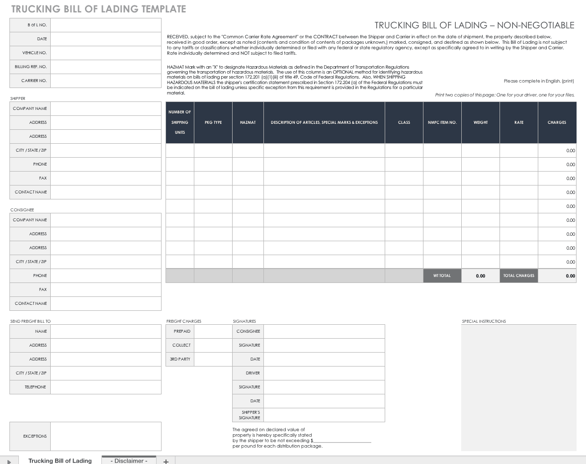 Free Bill Of Lading Templates Smartsheet
