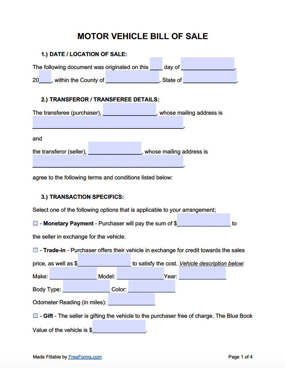 Free Printable Bill Of Sale Form