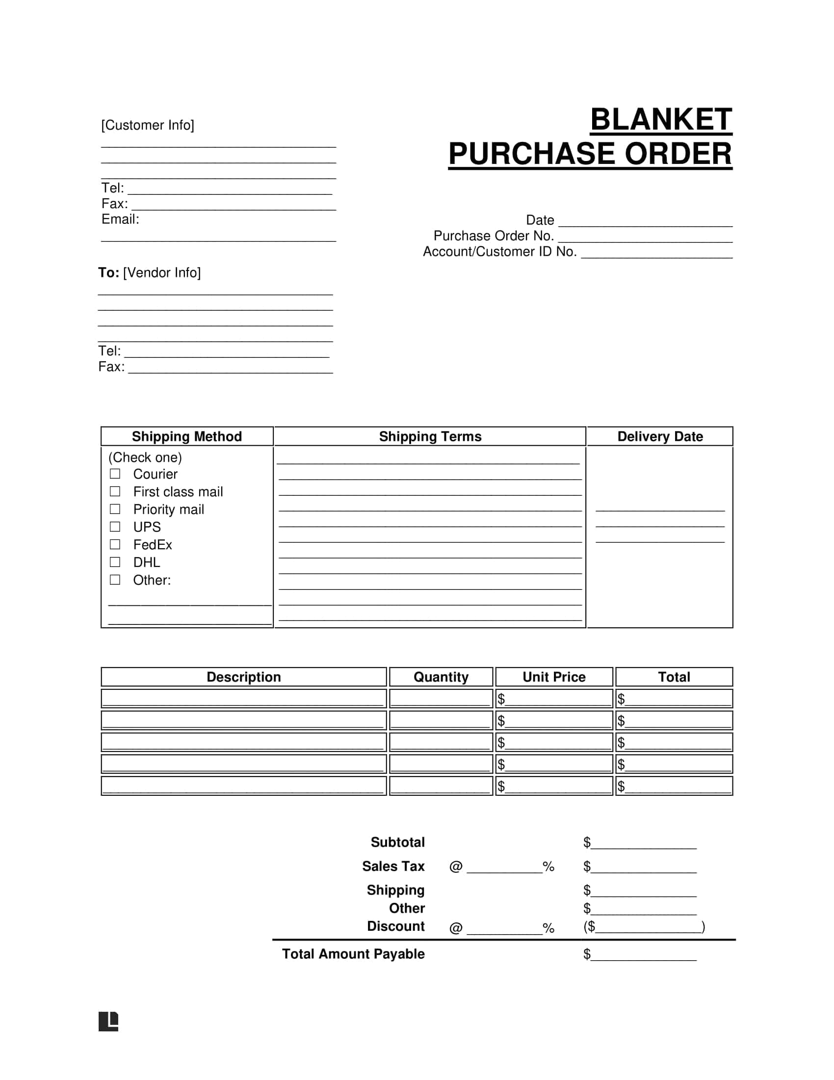 Free Blanket Purchase Order BPO Template PDF U0026 Word