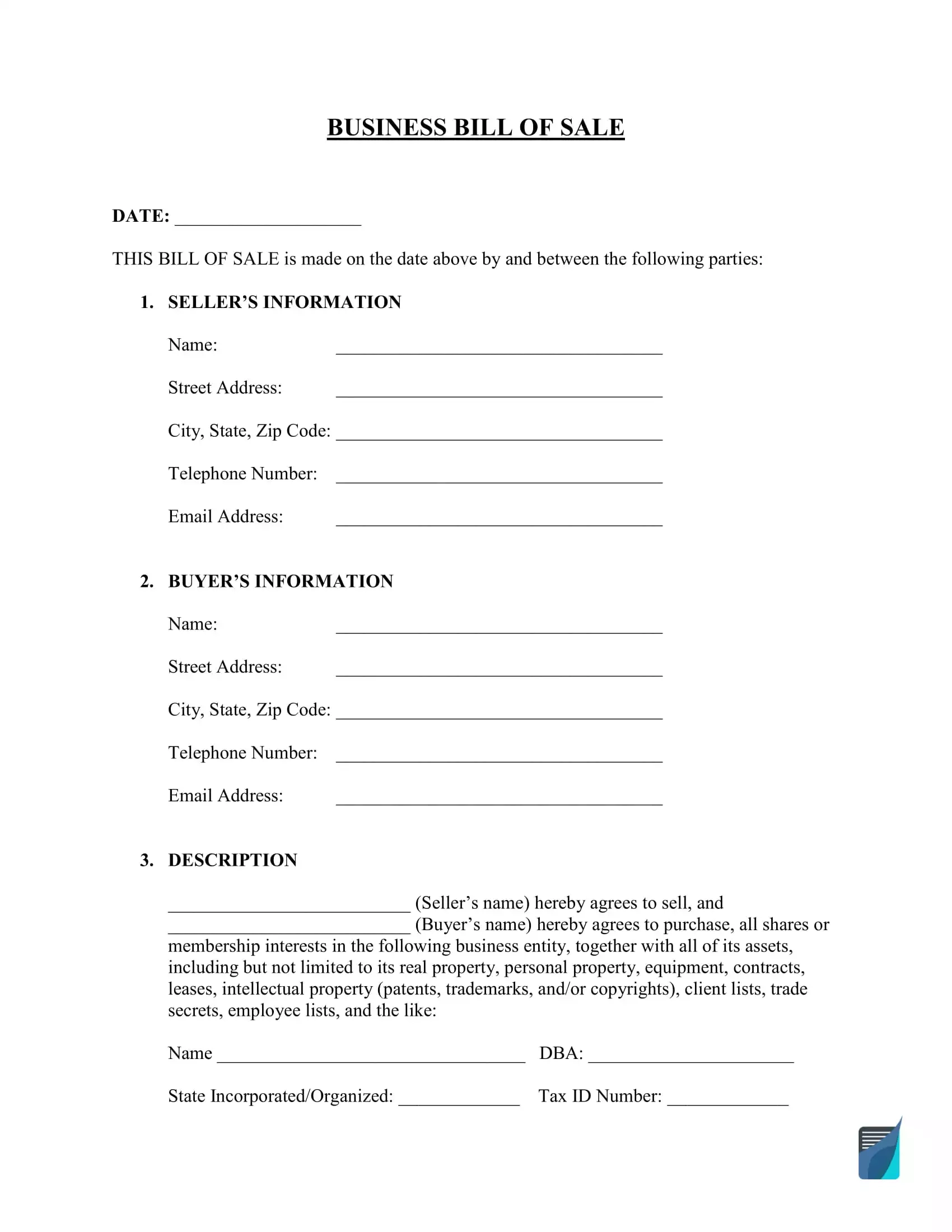Free Business Assets Bill Of Sale Form FormsPal