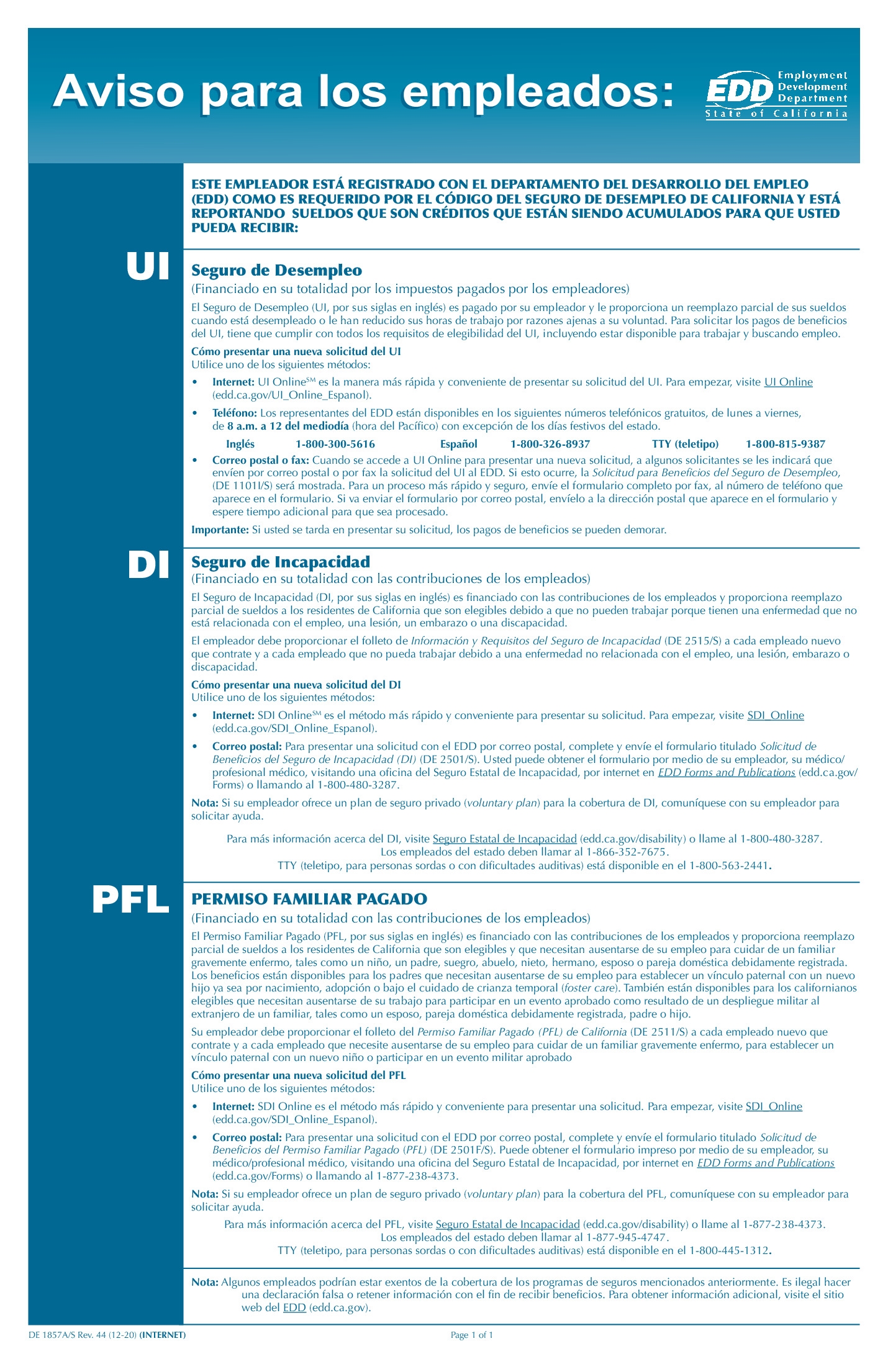 Free California UI DI And PFL Employee Notice Spanish Labor Law Poster 2025