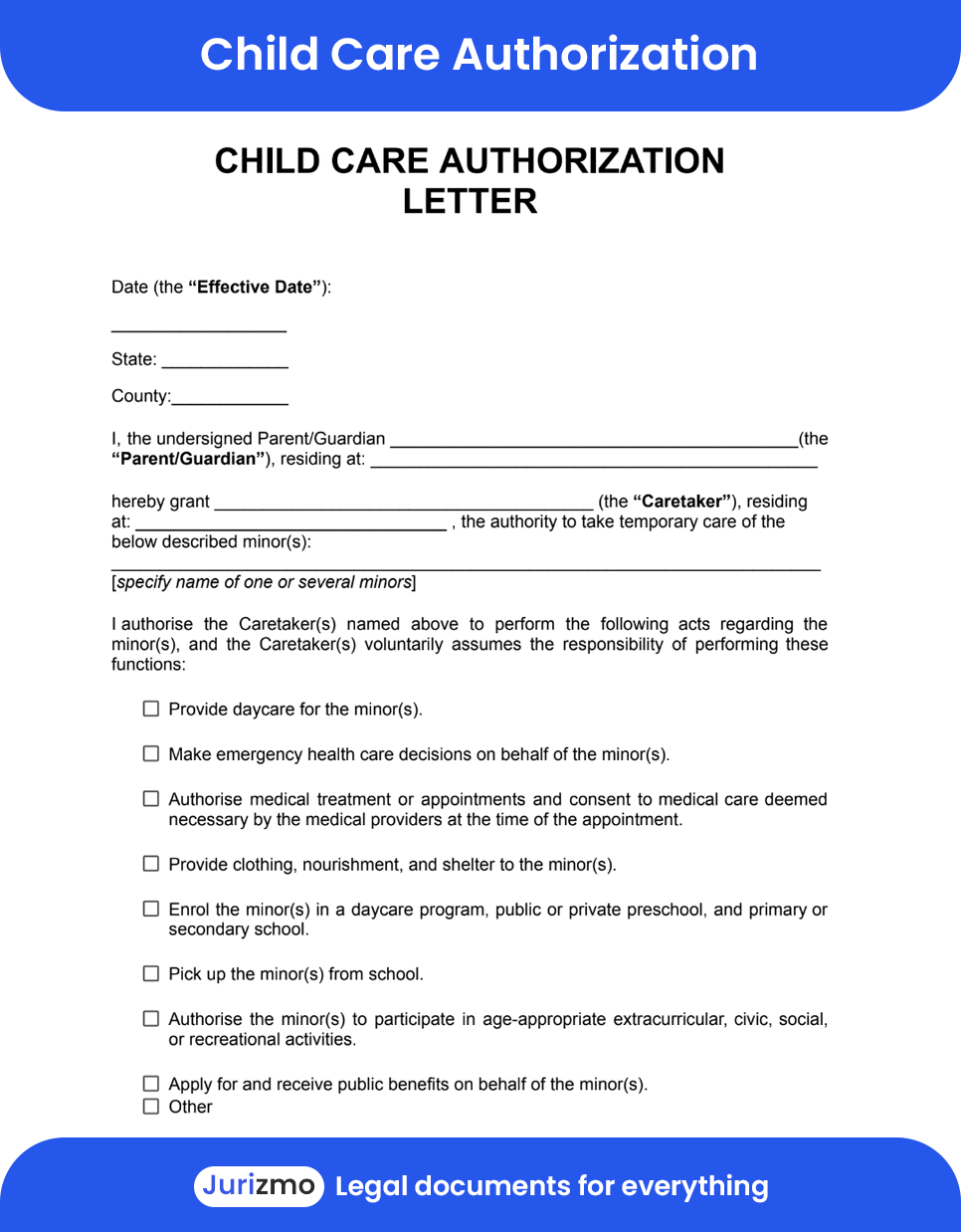 Free Child Care Authorization Form PDF Word Jurizmo
