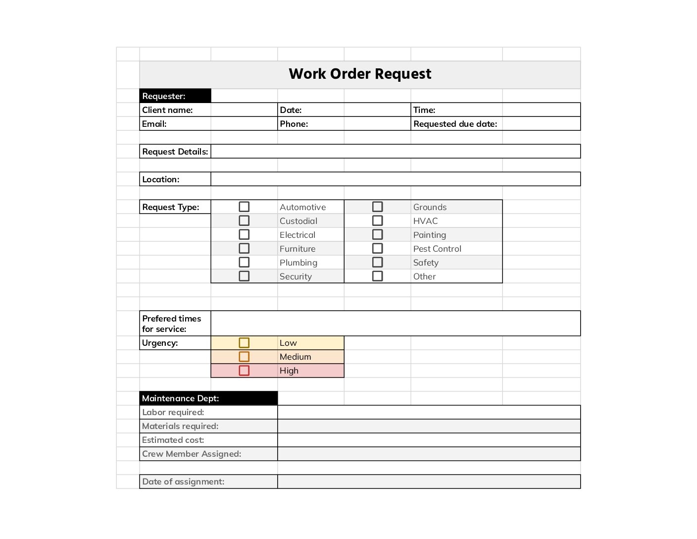 Printable Work Order Forms