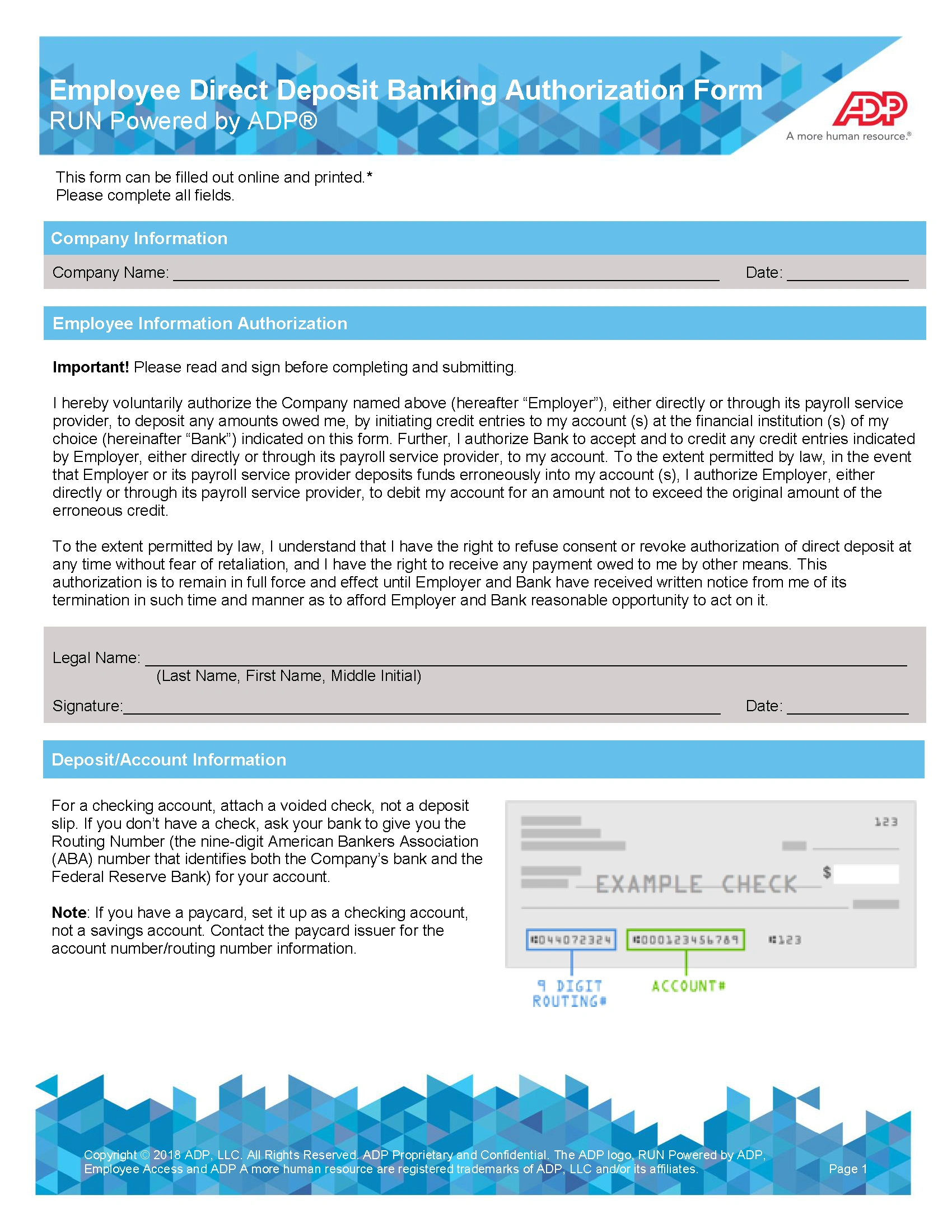 Printable Direct Deposit Form Template