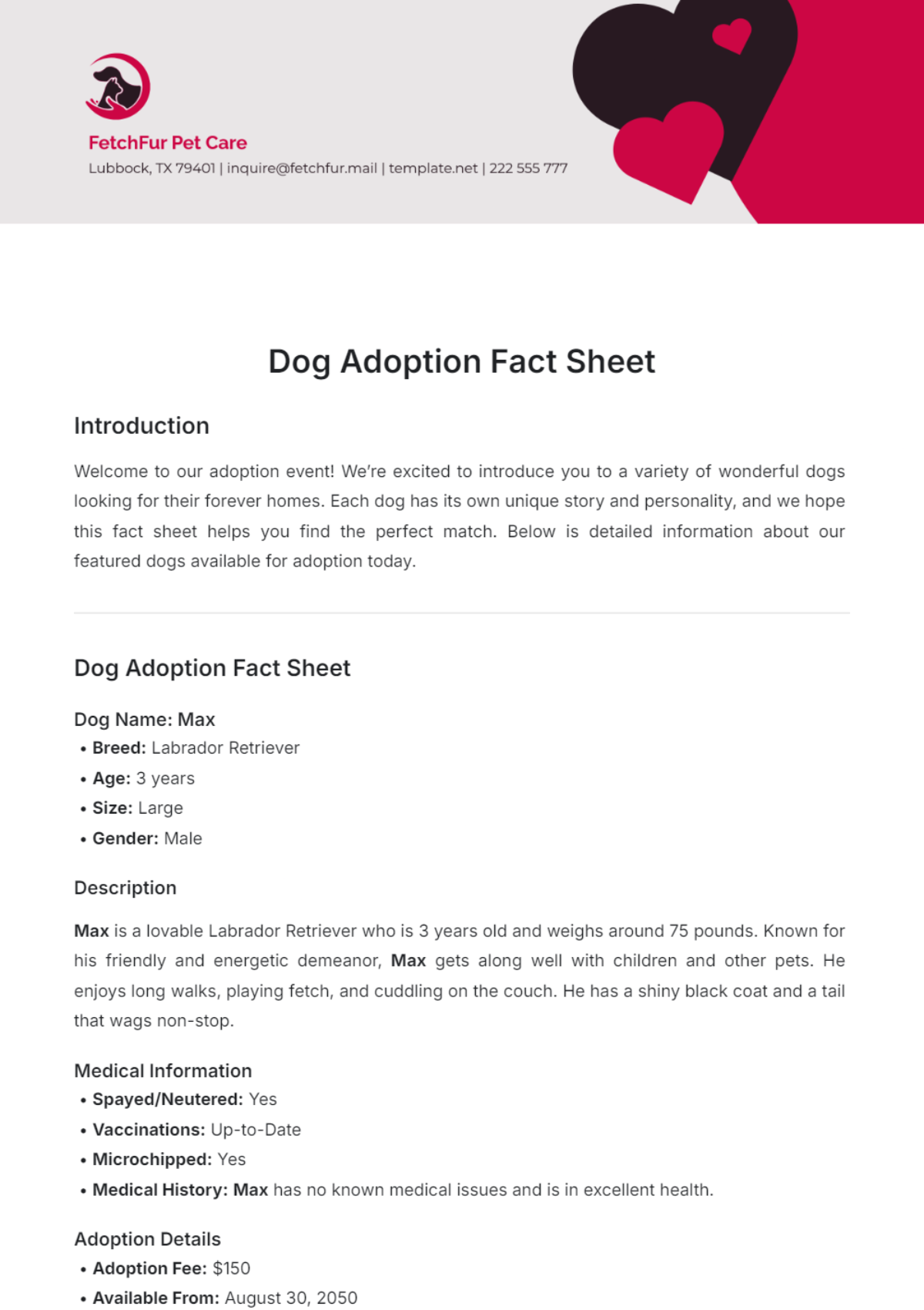 Free Dog Adoption Fact Sheet Template To Edit Online