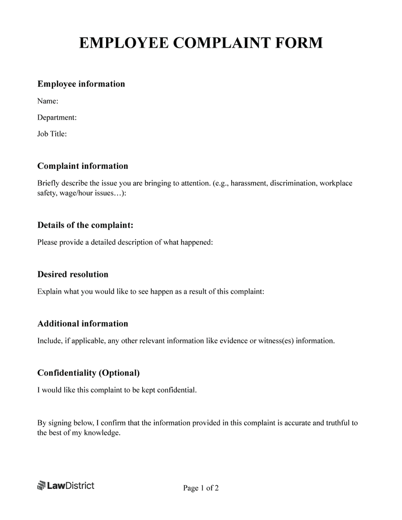 Free Employee Complaint Form PDF Sample LawDistrict Free Employee Complaint Form PDF Sample LawDistrict