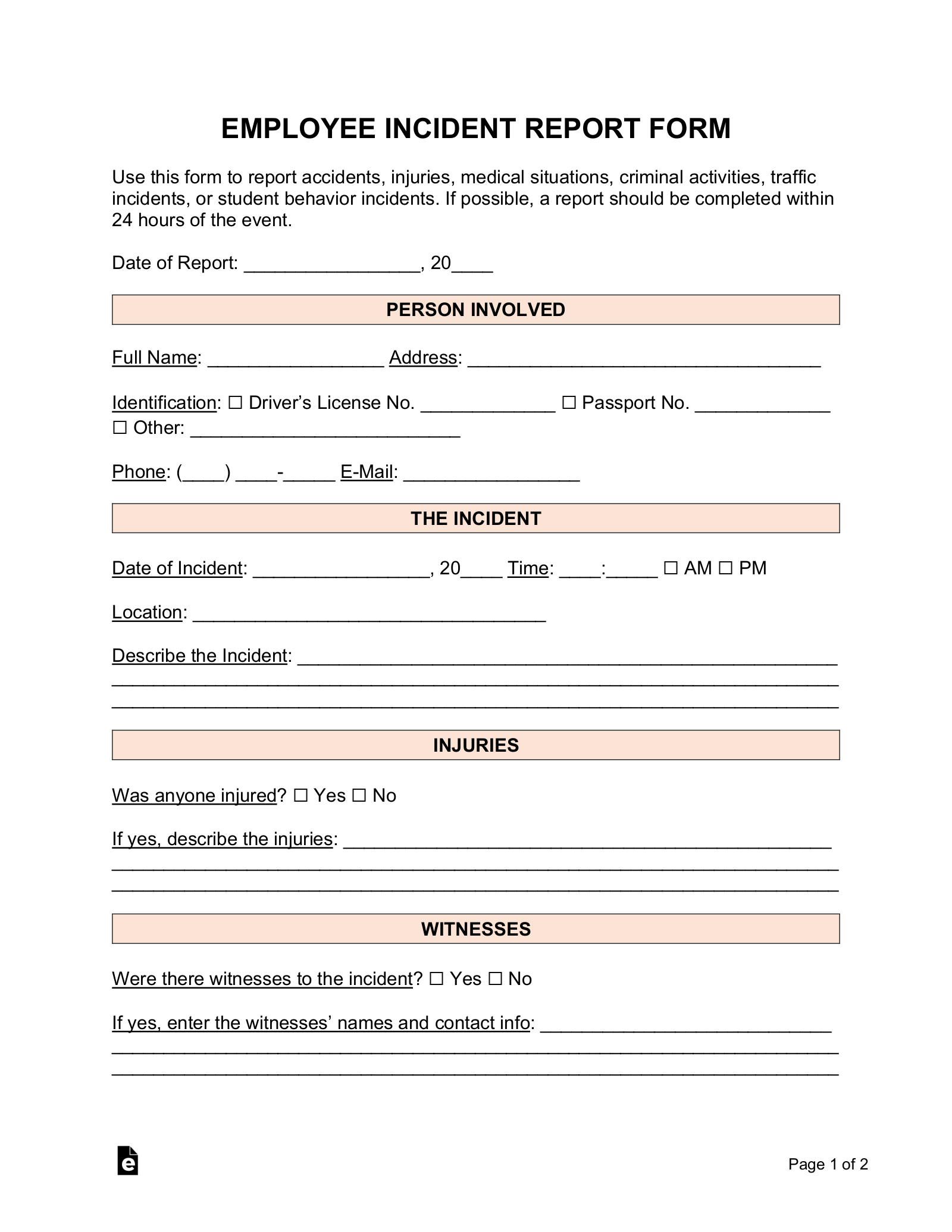 Free Employee Incident Report Template PDF Word EForms Free Employee Incident Report Template PDF Word EForms