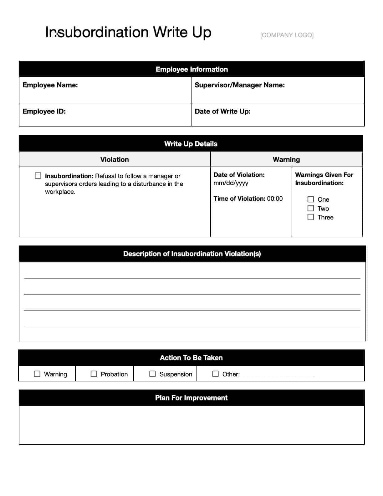 Free Employee Write Up Forms And Templates Download Print In Office GDocs 